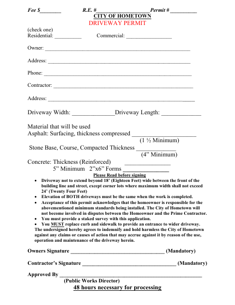 First page of the Driveway Permit