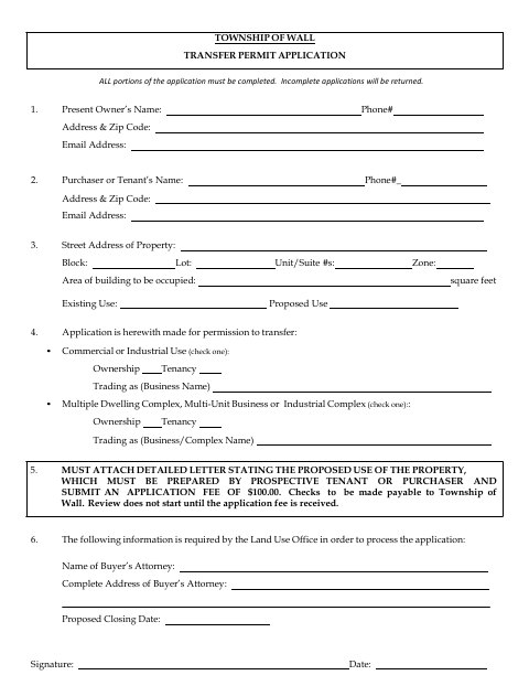 First page of the Transfer Permit Application