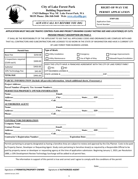 First page of the Right of Way Use Permit Application