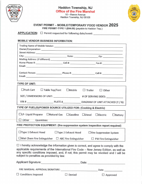 First page of the Mobile Food Vendor Permit Application