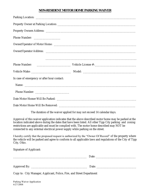 First page of the Non-Resident Motor Home Parking Waiver