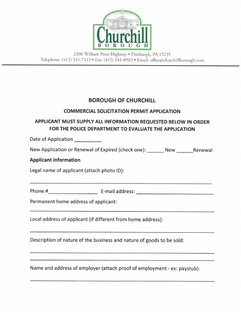 First page of the Commercial Solicitation Permit Application