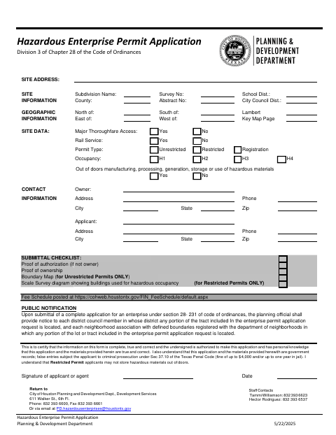First page of the Hazardous Enterprise Permit Application