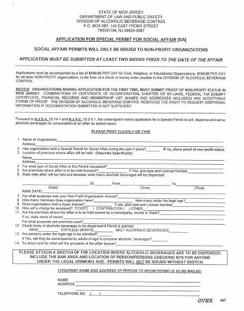 First page of the Social Affair Liquor Permit Application