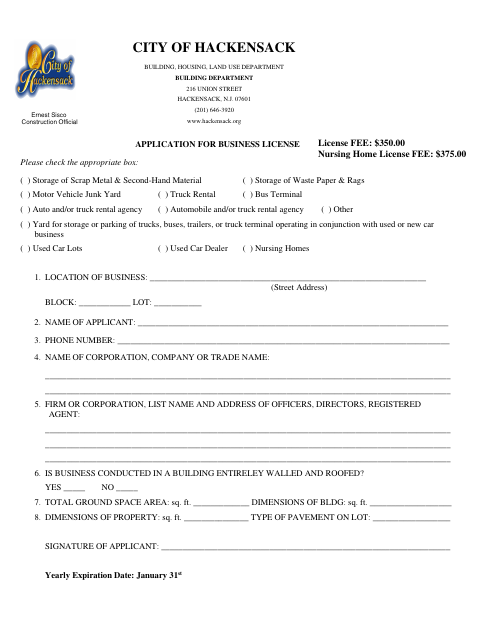 First page of the Application for Business License