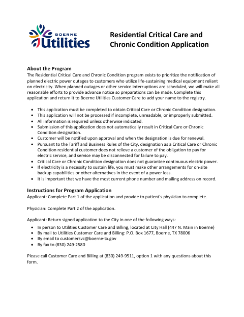 First page of the Residential Critical Care and Chronic Condition Application