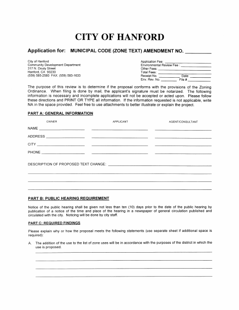 First page of the Municipal Code Amendment Application