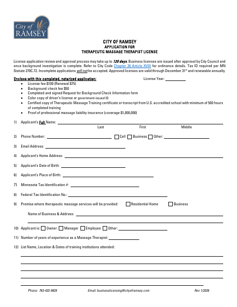 First page of the Therapeutic Massage Therapist License Application
