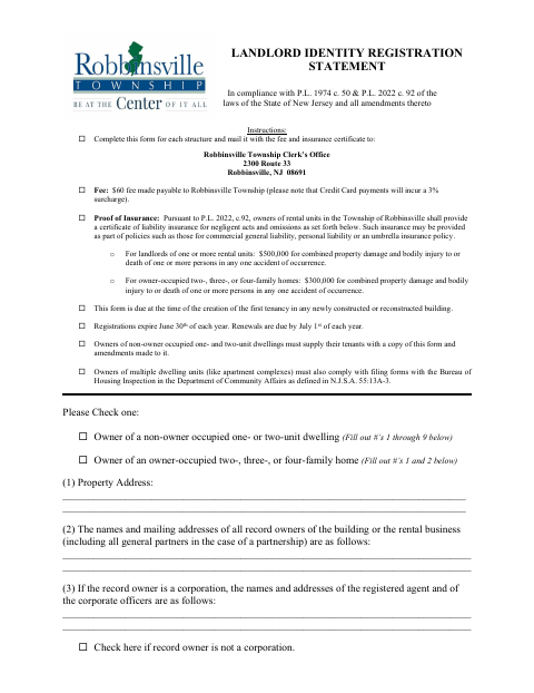 First page of the Landlord Identity Registration Statement