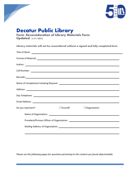 First page of the Reconsideration of Library Materials Form