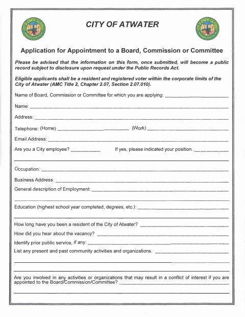 First page of the Application for Appointment to a Board, Commission or Committee