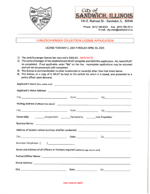 First page of the Junk/Scavenger Collection License Application