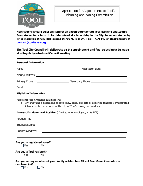 First page of the Application for Appointment to the Planning and Zoning Commission
