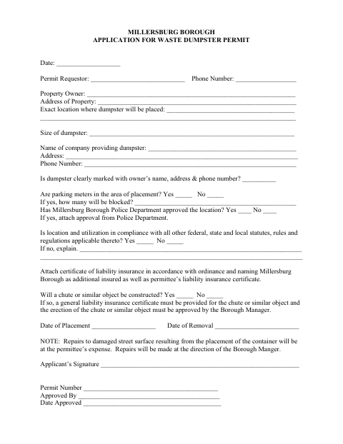 First page of the Waste Dumpster Permit Application