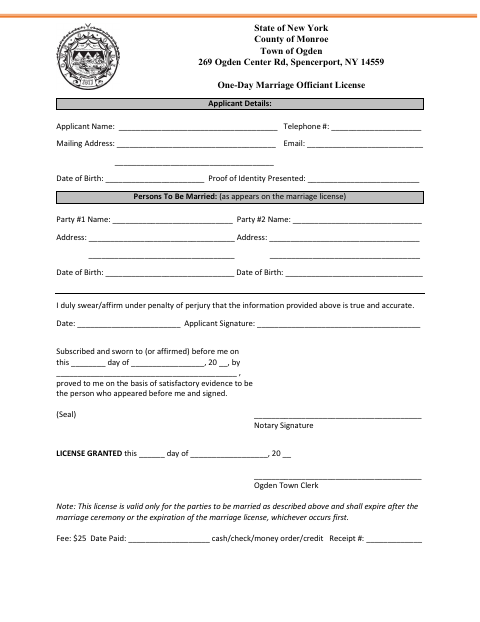 First page of the One-Day Marriage Officiant License Application