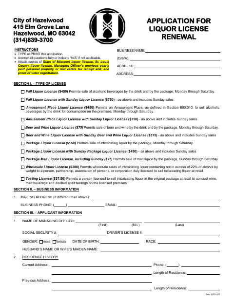 First page of the Liquor License Renewal Application