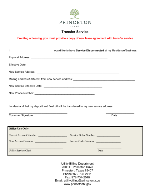 First page of the Transfer Service