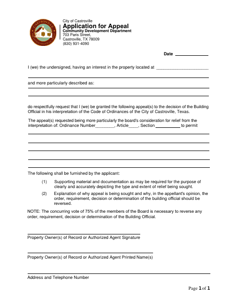First page of the Application for Appeal