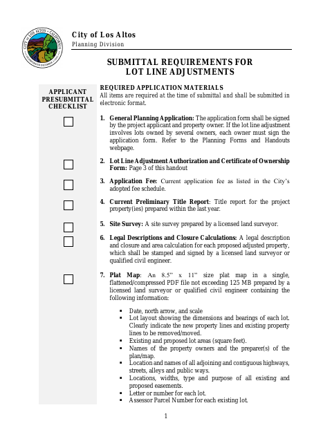First page of the Submittal Requirements for Lot Line Adjustments