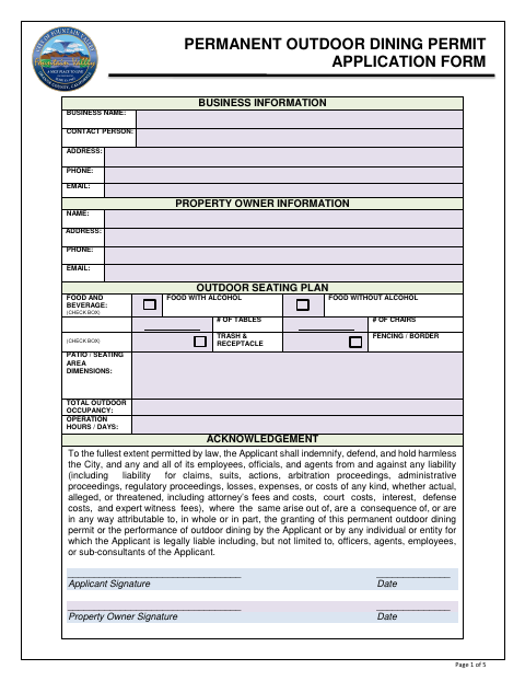 First page of the Permanent Outdoor Dining Permit Application Form