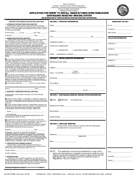 First page of the Application for Permit to Install Manufactured Home/Mobilehome Earthquake Resistant Bracing System