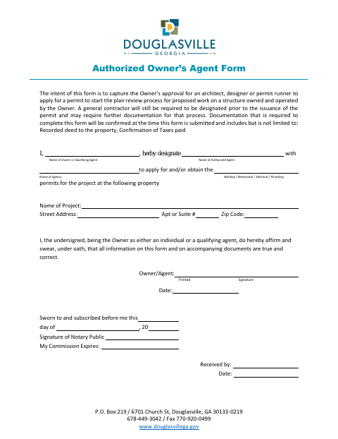 First page of the Authorized Owner's Agent Form