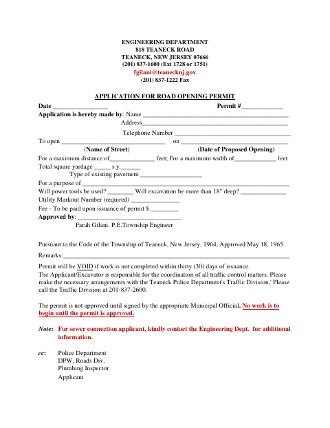 First page of the Application for Road Opening Permit