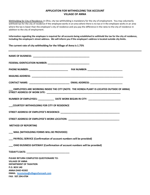 First page of the Application for Withholding Tax Account