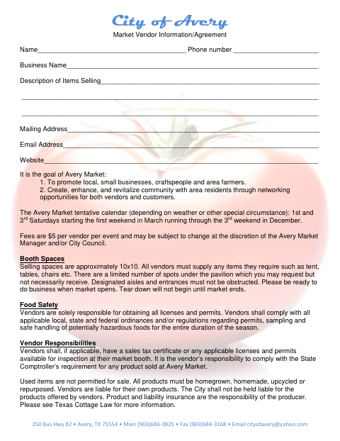 First page of the Market Vendor Information/Agreement