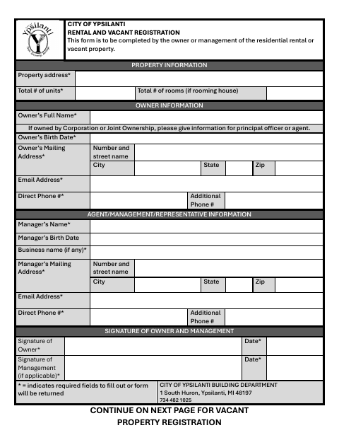 First page of the Rental and Vacant Property Registration Form