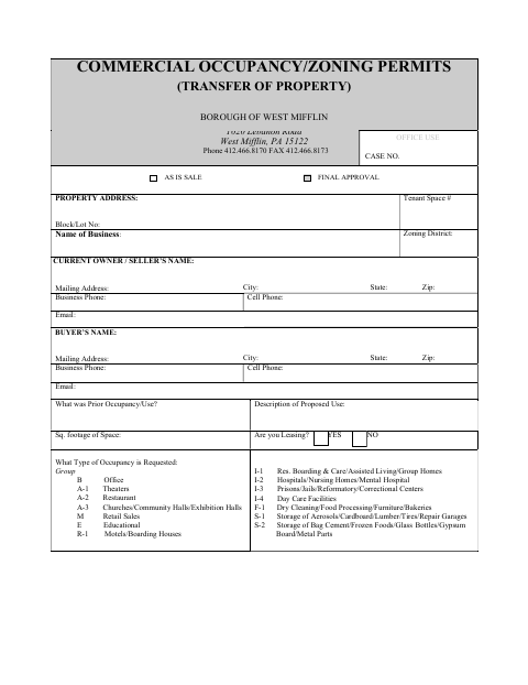 First page of the Commercial Occupancy and Zoning Permit Transfer Application