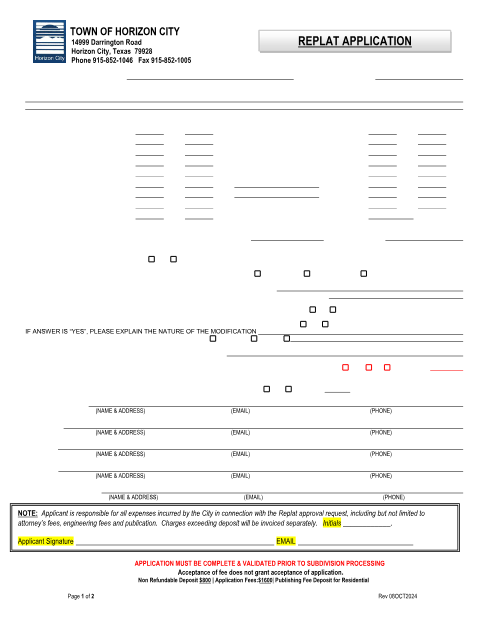 First page of the Subdivision Replat Application