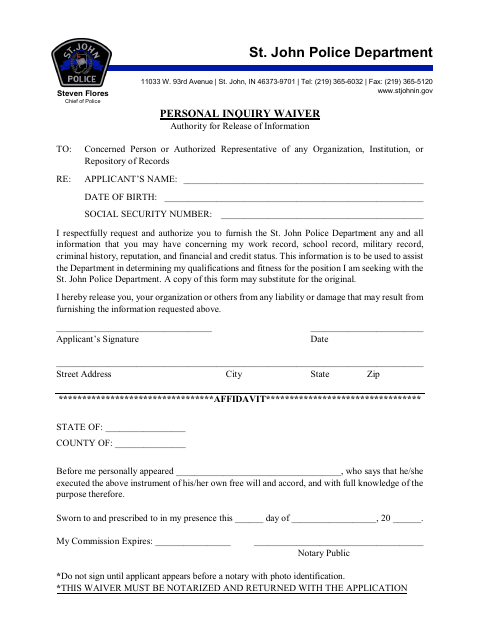 First page of the Personal Inquiry Waiver