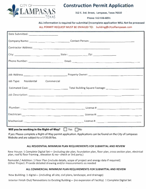 First page of the Construction Permit Application