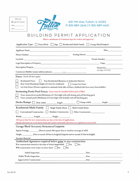 First page of the Residential Building Permit Application