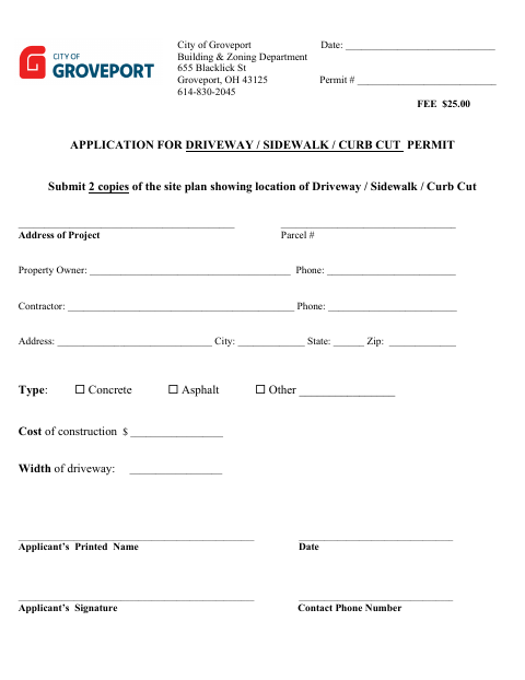 First page of the Driveway, Sidewalk, and Curb Cut Permit Application
