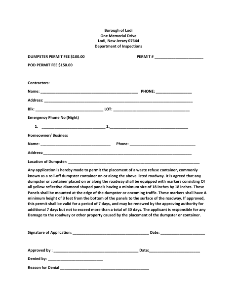 First page of the Dumpster Permit