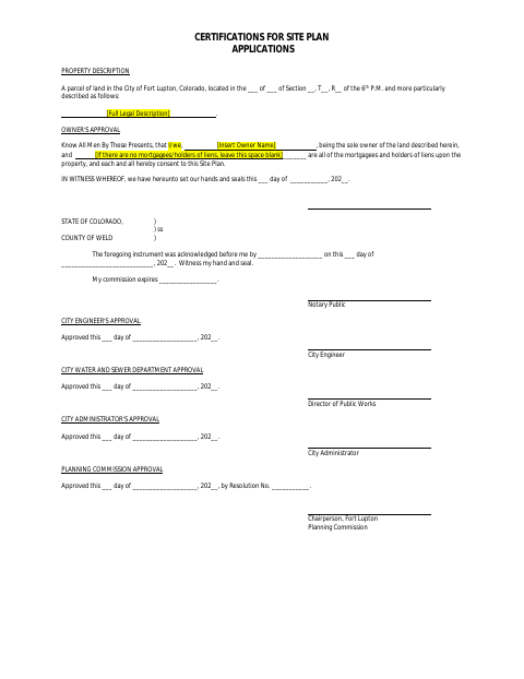 First page of the Certifications for Site Plan Applications