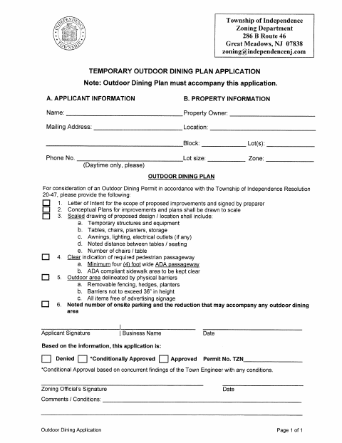 First page of the Temporary Outdoor Dining Plan Application