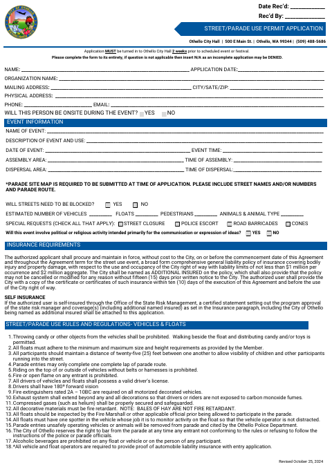 First page of the Street Parade Use Permit Application