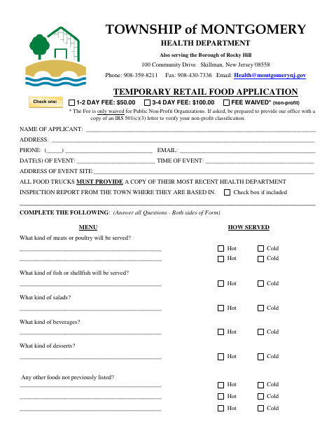 First page of the Temporary Retail Food Application