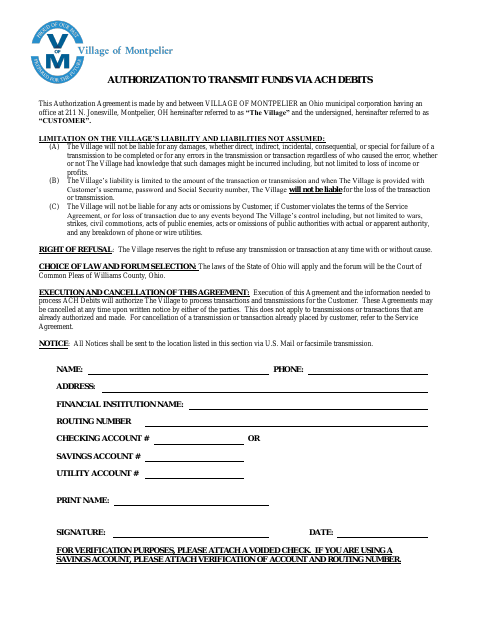 First page of the Authorization to Transmit Funds Via ACH Debits
