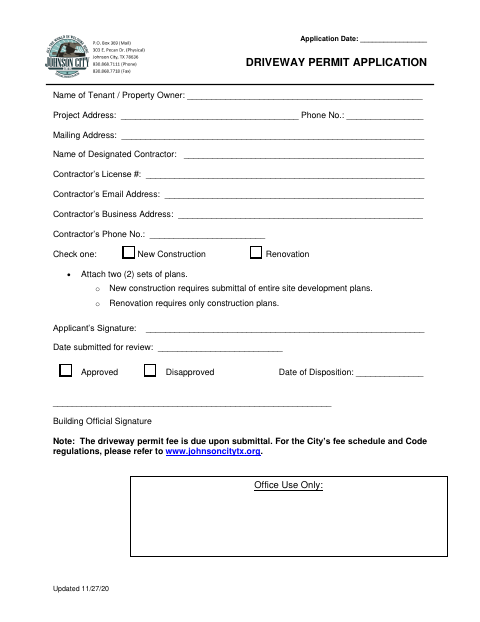 First page of the Driveway Permit Application