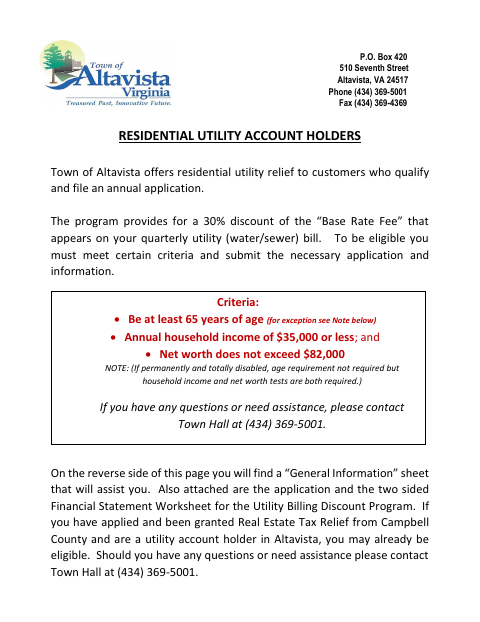 First page of the Residential Utility Discount Program Application