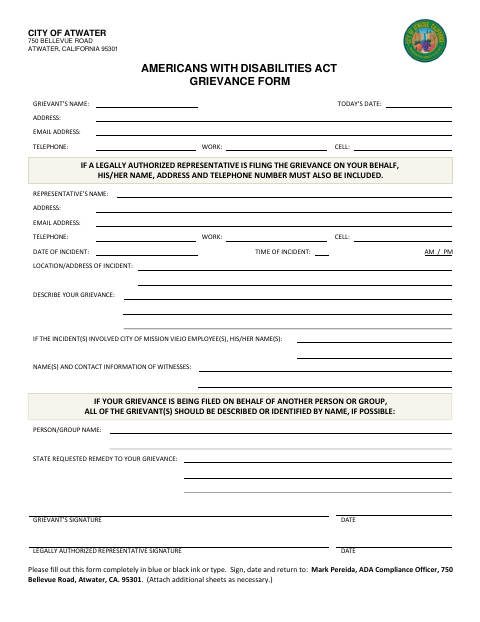 First page of the Americans With Disabilities Act Grievance Form