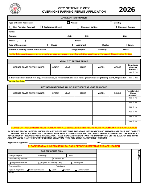 First page of the Overnight Parking Permit Application