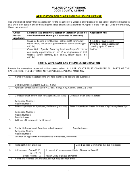 First page of the Class N or Q-1 Short-Term Liquor License Application