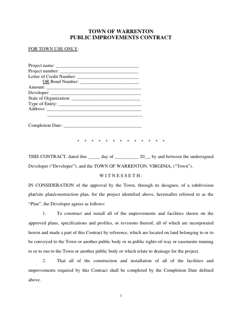 First page of the Public Improvements Contract
