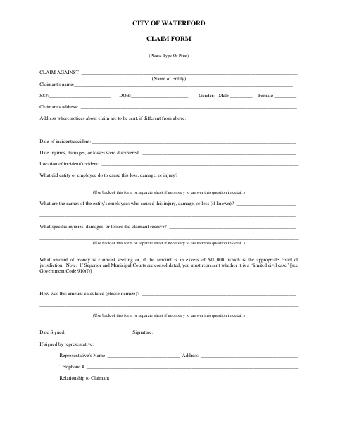 First page of the Claim Form
