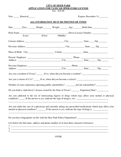 First page of the Taxicab Operators License Application